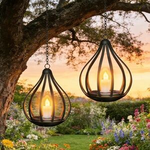 Outdoor Hanging Lantern Pair - Black Metal Candle-Style Lights